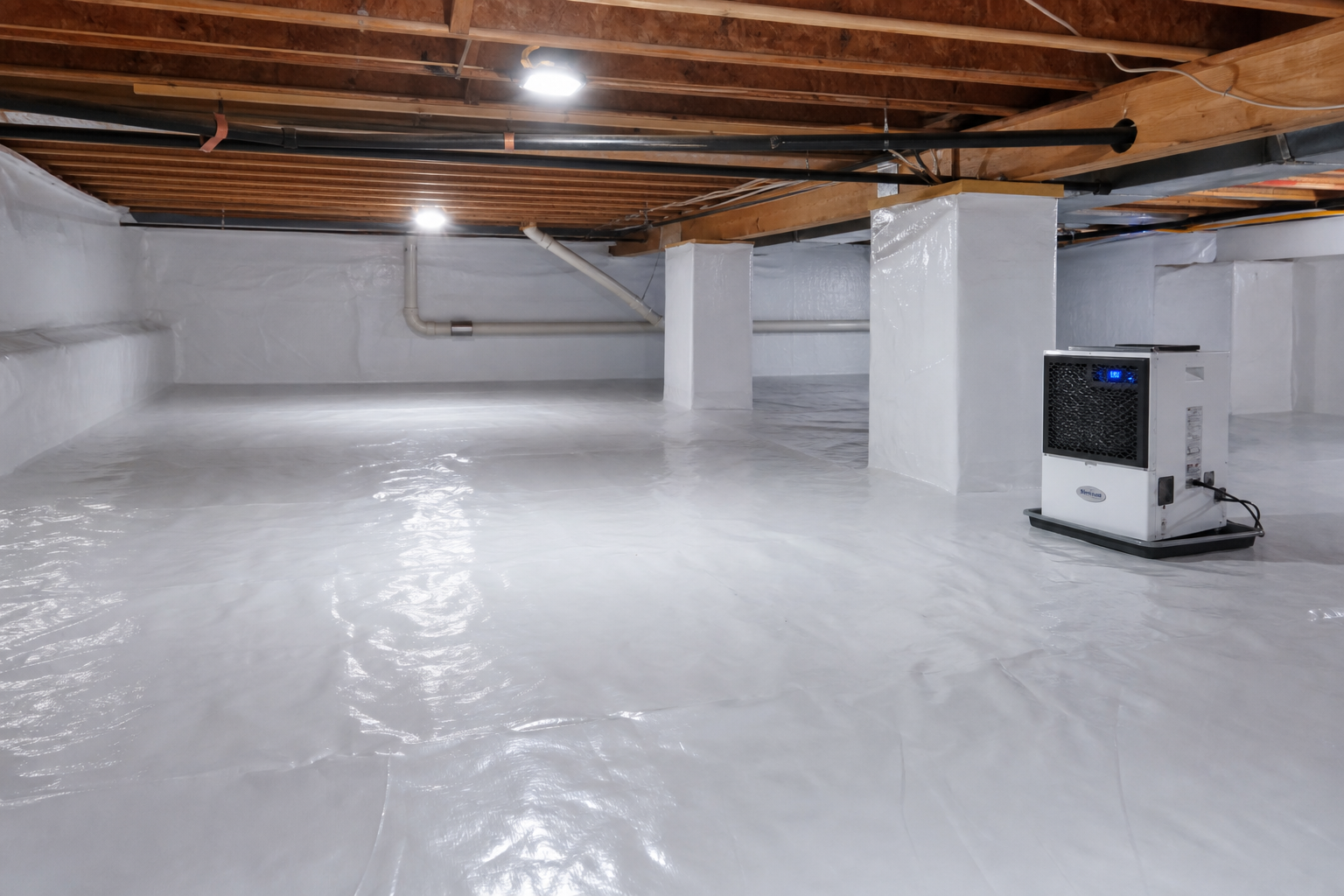 After encapsulation: sealed vapor barrier on the crawl space floor with controlled humidity and clean foundation walls