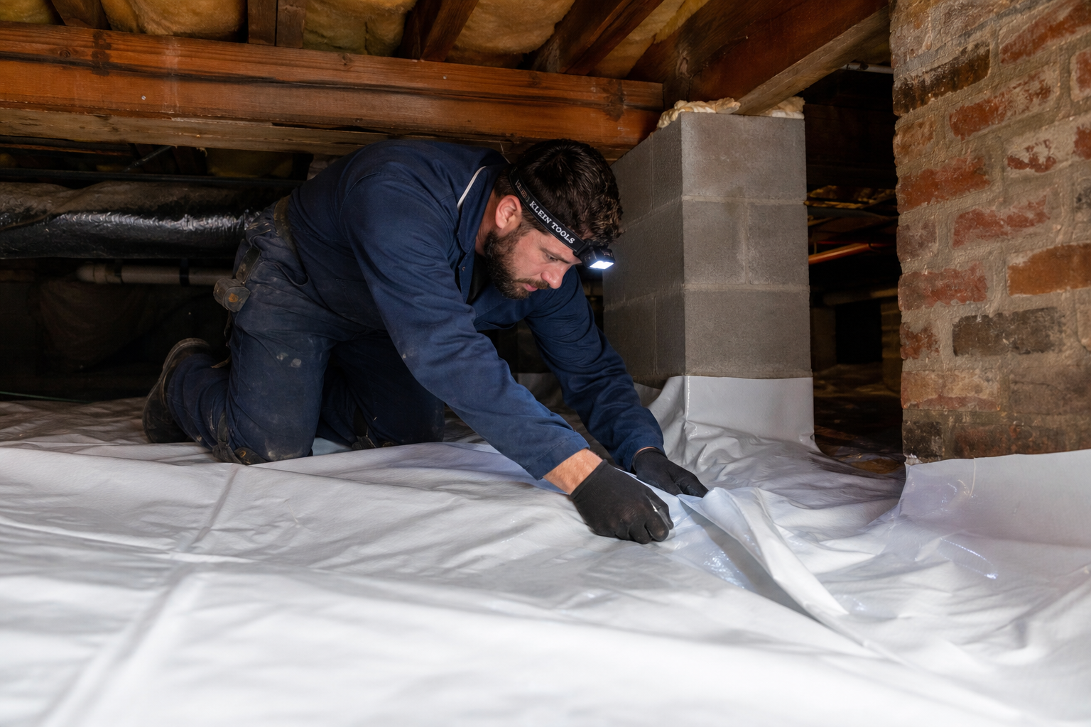 Crawl space technician installing reinforced vapor barrier during encapsulation work in Central Virginia